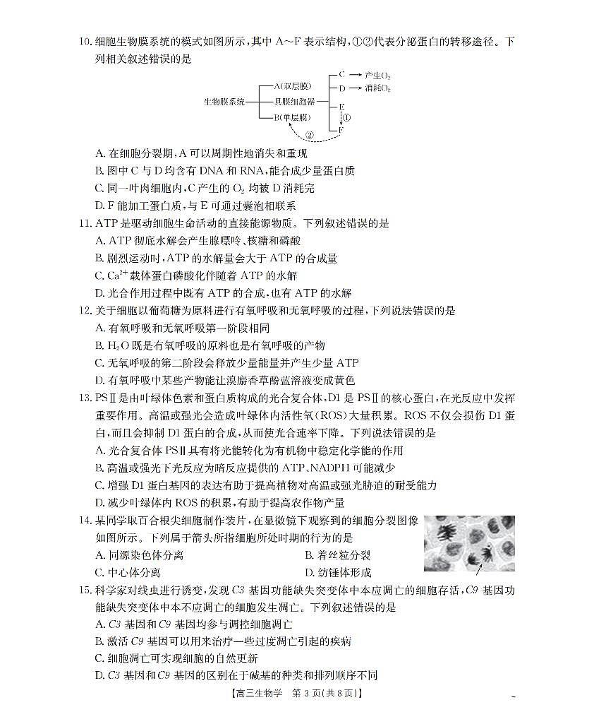内蒙古2026届高三名校9月教学质量检测试卷 生物第3页