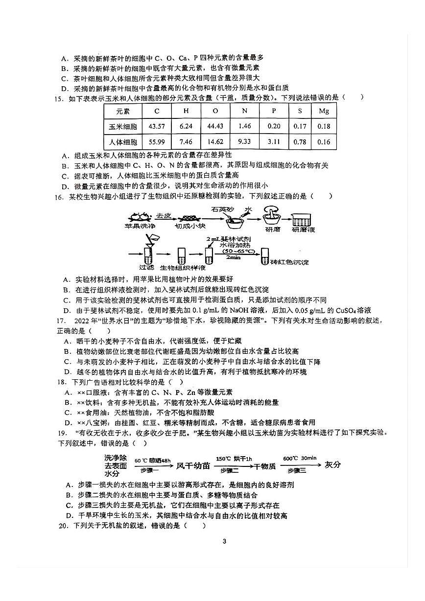 四川省内江市威远县威远中学校2025-2026学年高一上学期10月月考生物试题第3页