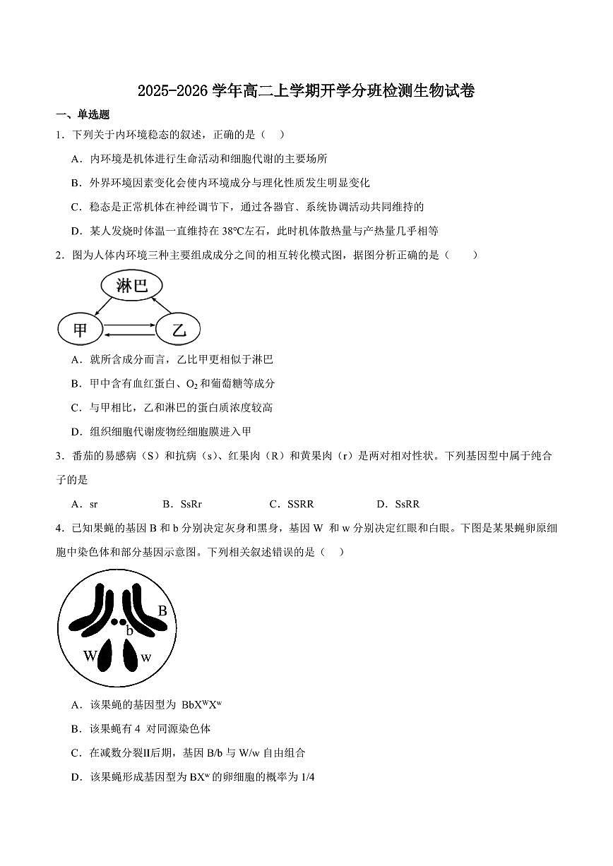 四川省绵阳市东辰学校2025-2026学年高二上学期开学分班检测生物试卷（含答案）第1页