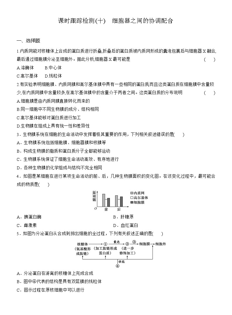 高一生物（人教版）必修一试题课时跟踪检测（十）细胞器之间的协调配合（Word版附解析）第1页