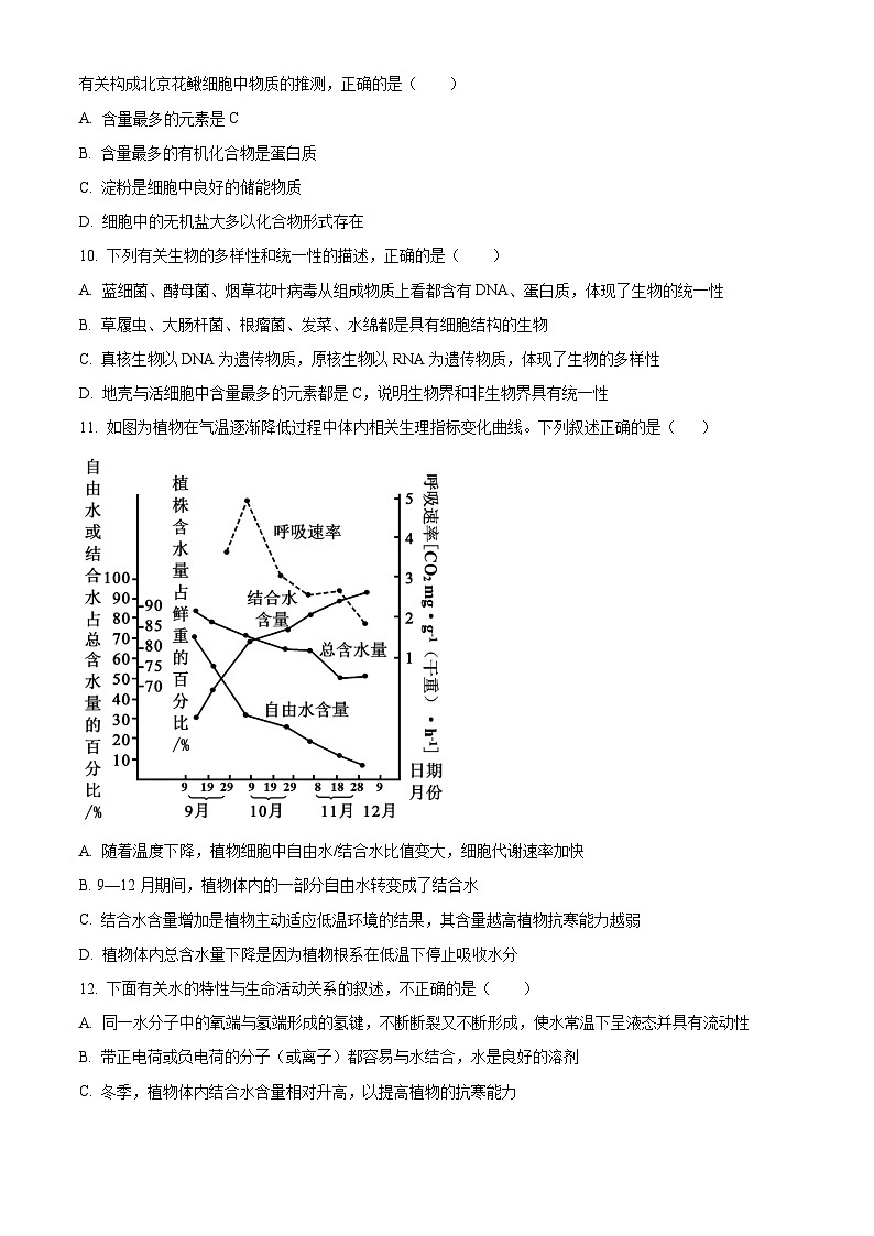 湖北省襄阳市第四中学2025-2026学年高一上学期九月月考生物试题 Word版无答案第3页