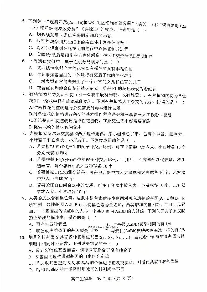 2025年沈阳郊联体高三上学期10月生物试题及答案第2页