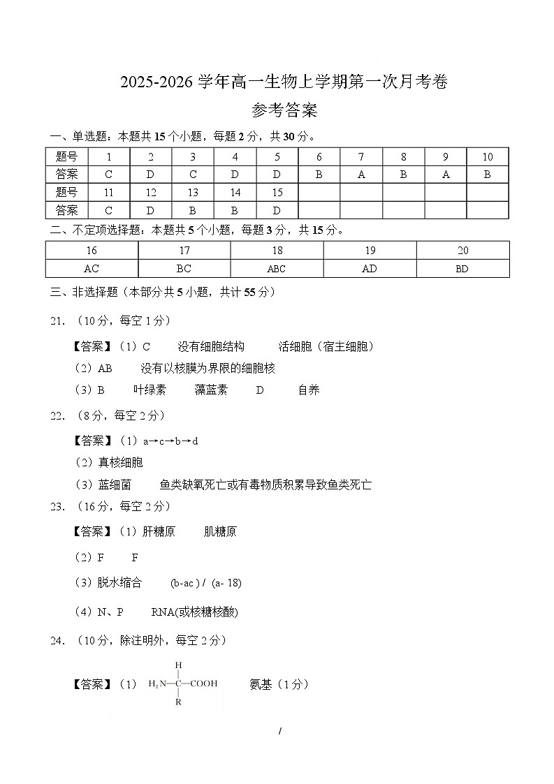 高一生物上学期第一次月考（参考答案）（黑吉辽蒙专用）第1页