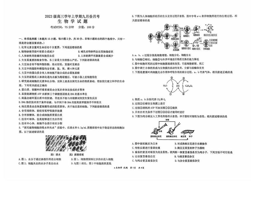 黑龙江省牡丹江市第一高级中学2026届高三上学期9月月考+生物第1页