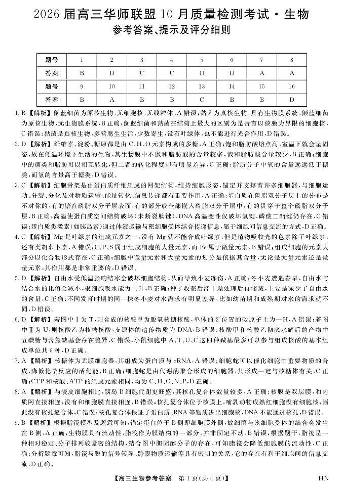 2026届高三华师联盟10月质量检测考试+生物答案第1页