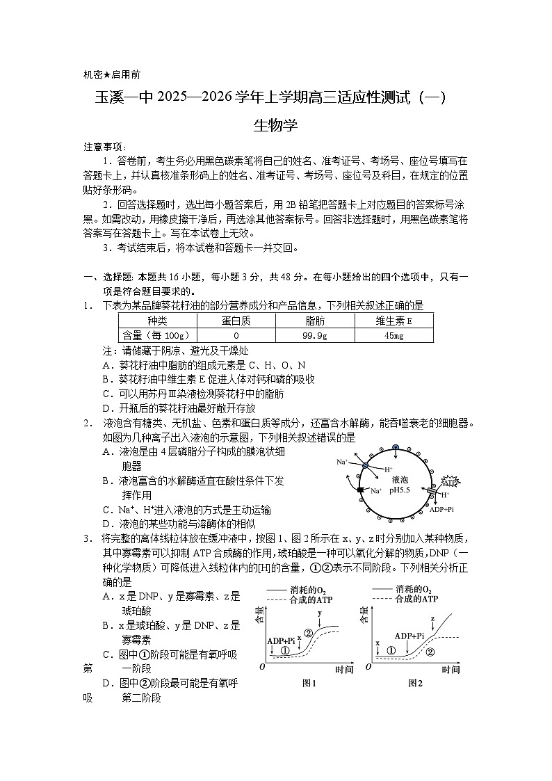 云南省玉溪第一中学2025-2026学年高三上学期适应性测试（一）生物试卷第1页