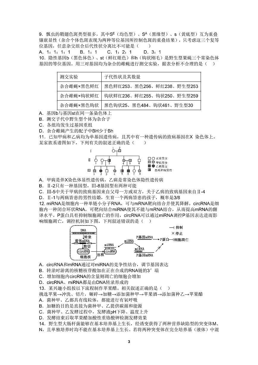四川省成都市第七中学高2025届10月阶段性测试+生物第3页