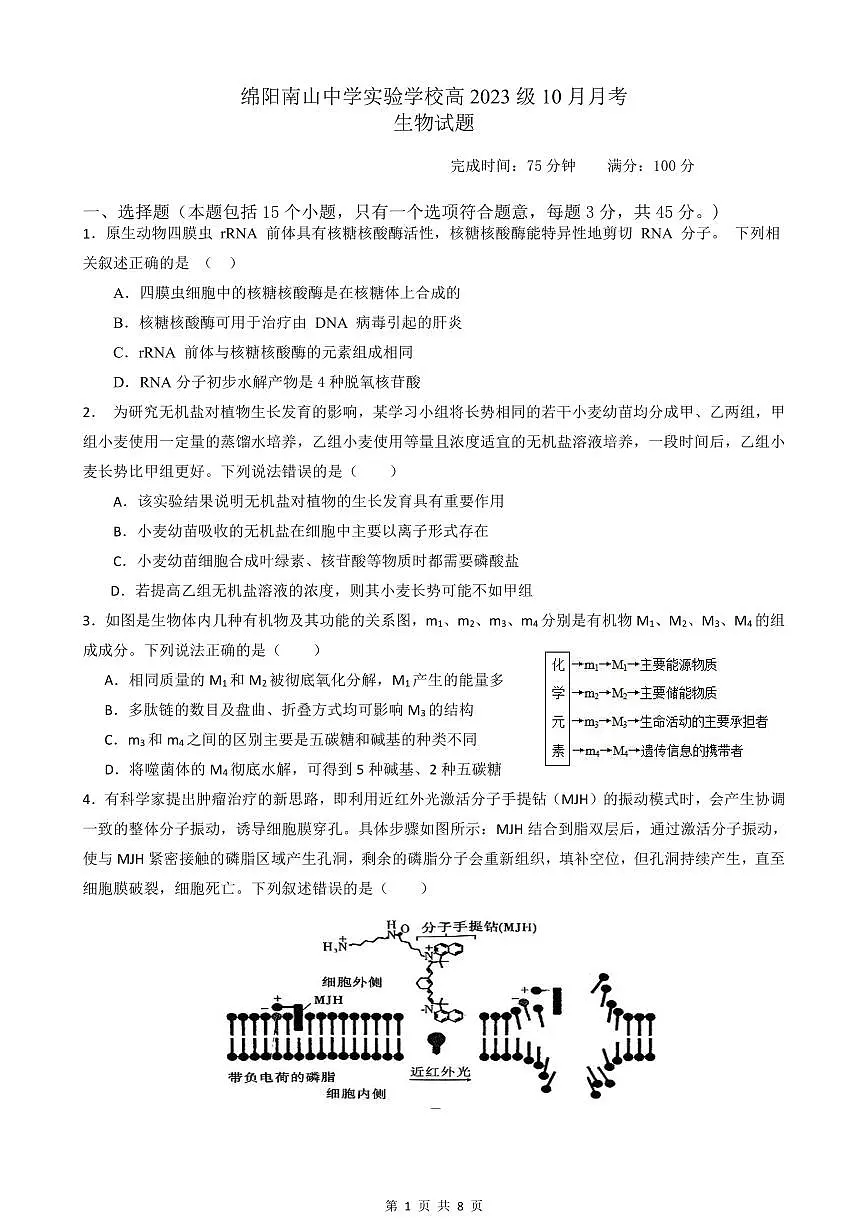 绵阳南山中学实验学校高2023级高三（上）10月月考+生物第1页