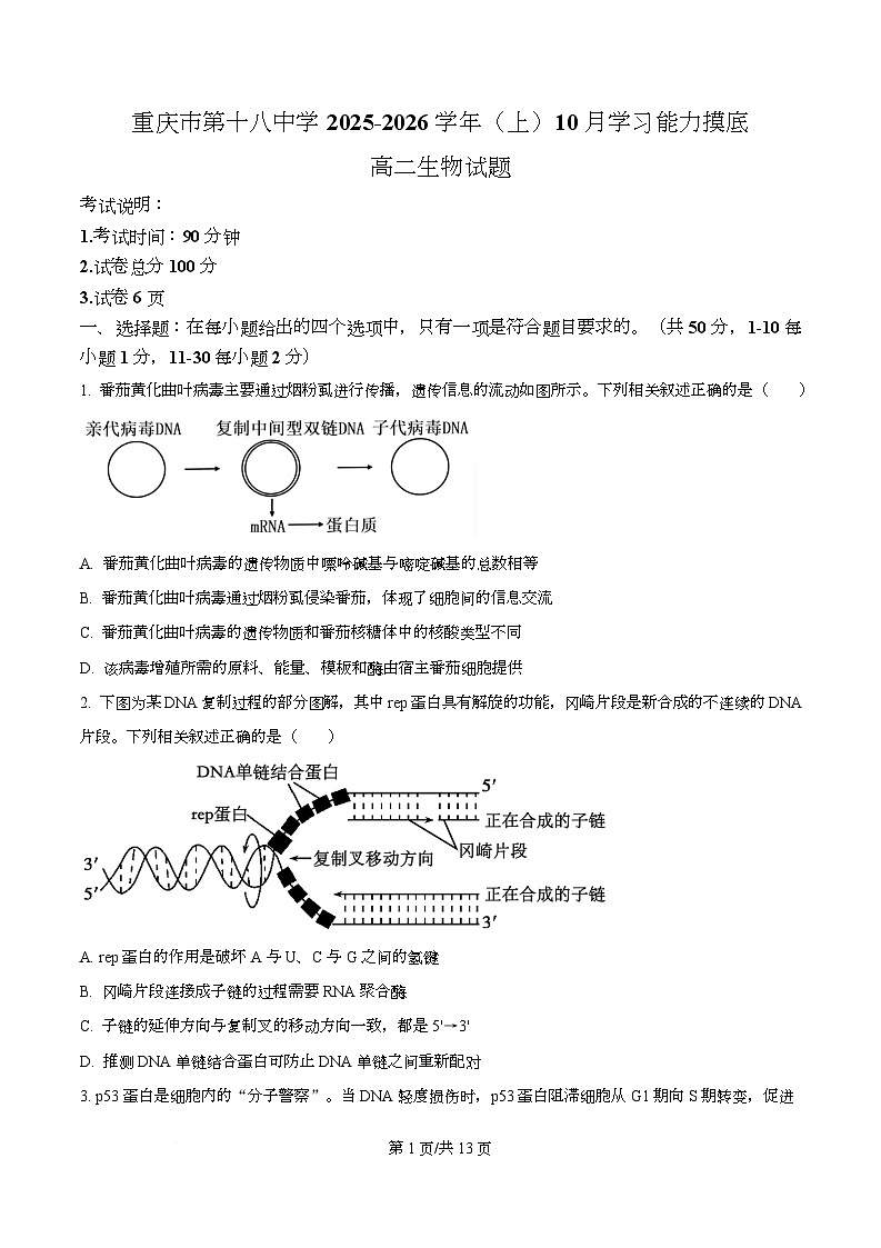 重庆市江北区重庆市第十八中学2025-2026学年高二上学期10月月考生物试题  Word版无答案第1页
