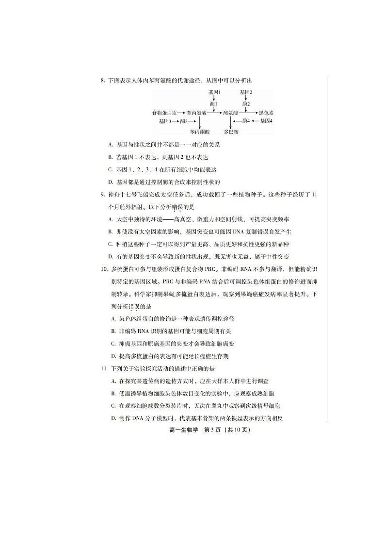 2023-2024学年北京丰台区高一下学期期末生物试题及答案第3页