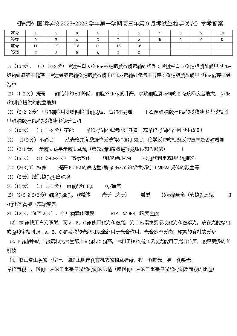 陆河外国语学校2025-2026学年第一学期高三9月份生物考试试卷答案第1页