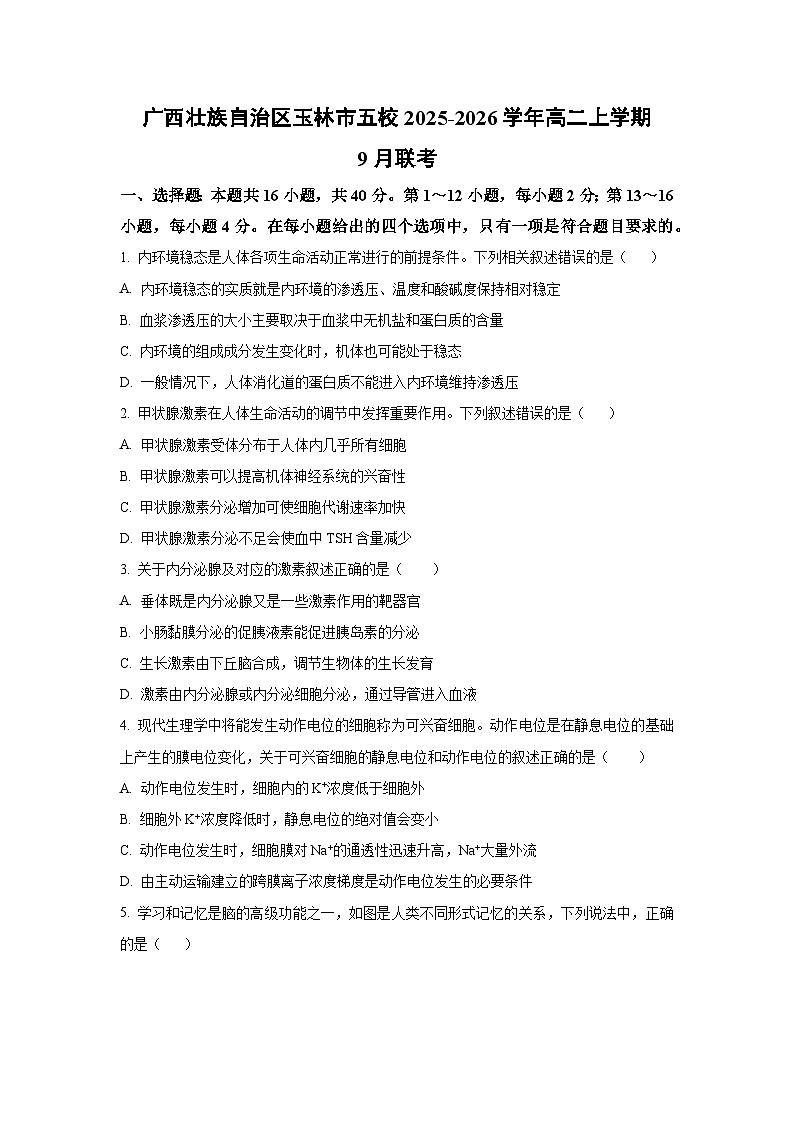广西壮族自治区玉林市五校2025-2026学年高二上学期9月联考 生物试题（学生版）第1页