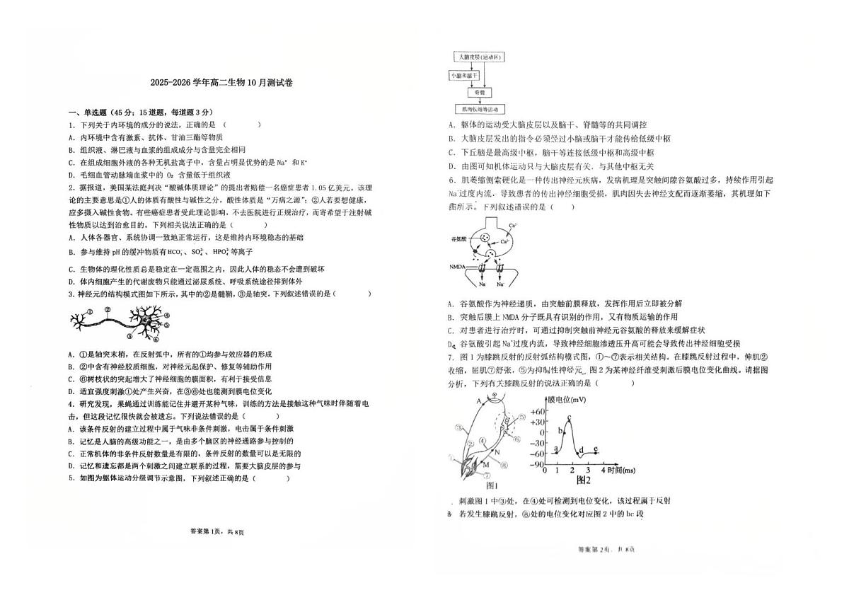 辽宁省葫芦岛市第二高级中学2025-2026学年高二上学期10月月考生物试题（无答案）第1页