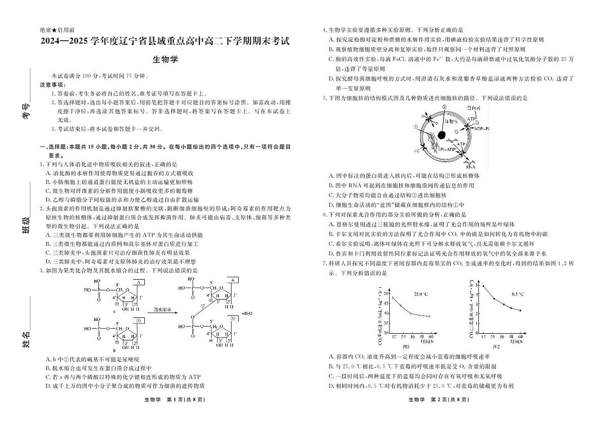辽宁省县域重点高中2024-2025学年度高二下学期期末考试生物试卷第1页