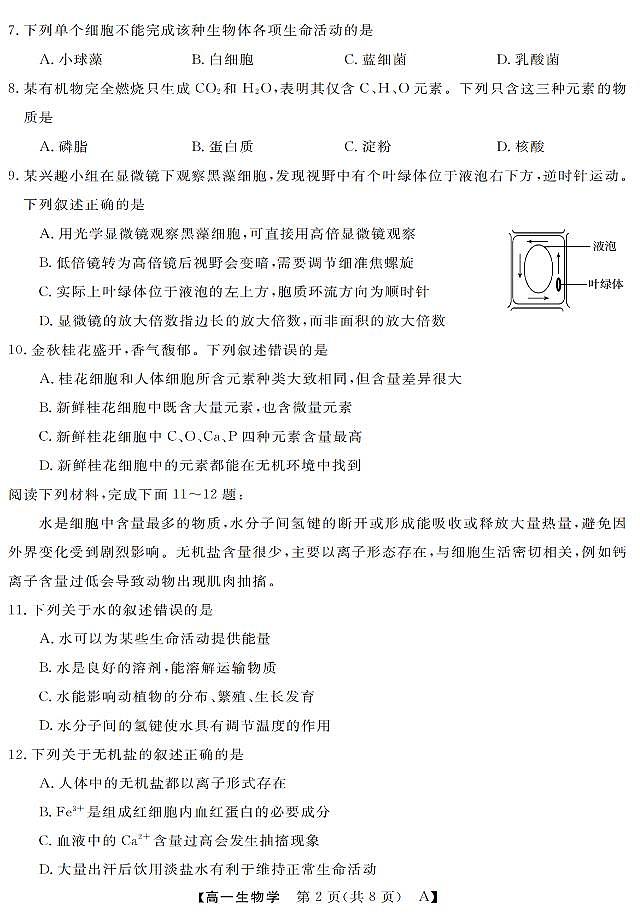 生物-浙江省强基联盟2025-2026学年高一上学期10月联考A卷试题+答案第2页