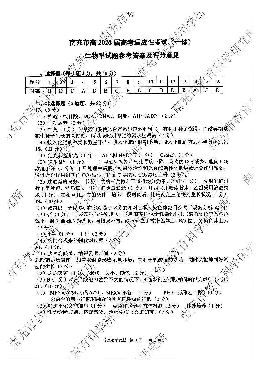四川省南充市2025届高三高考适应性考试（一诊）生物答案第1页