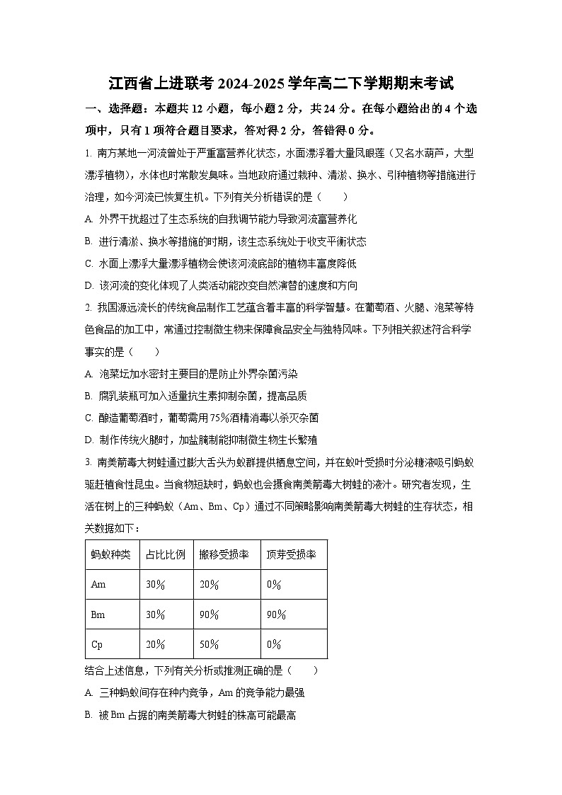 江西省上进联考2024-2025学年高二下学期期末考试生物试题（学生版）第1页