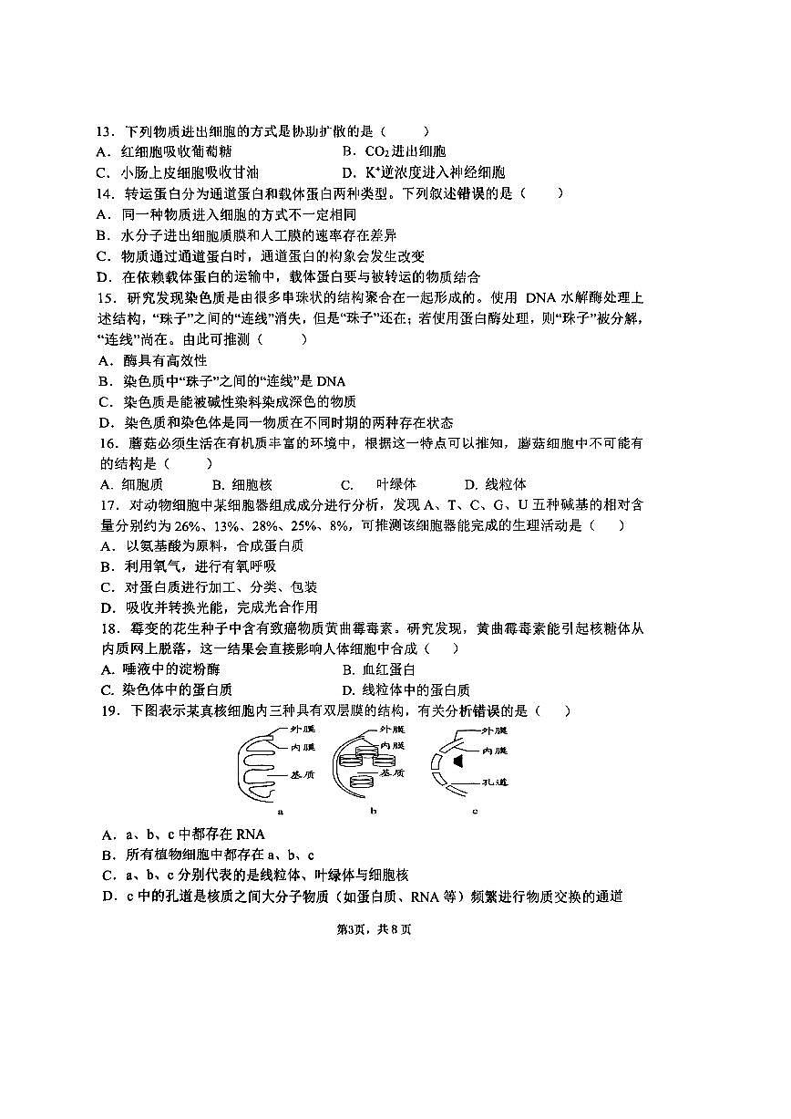 江苏省盐城市五校联盟校2024-2025学年高一上学期1月期末考试试题生物试卷第3页