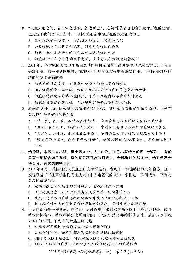 湖南省邵阳市2024-2025学年高一上学期期末考试试题生物试卷第3页