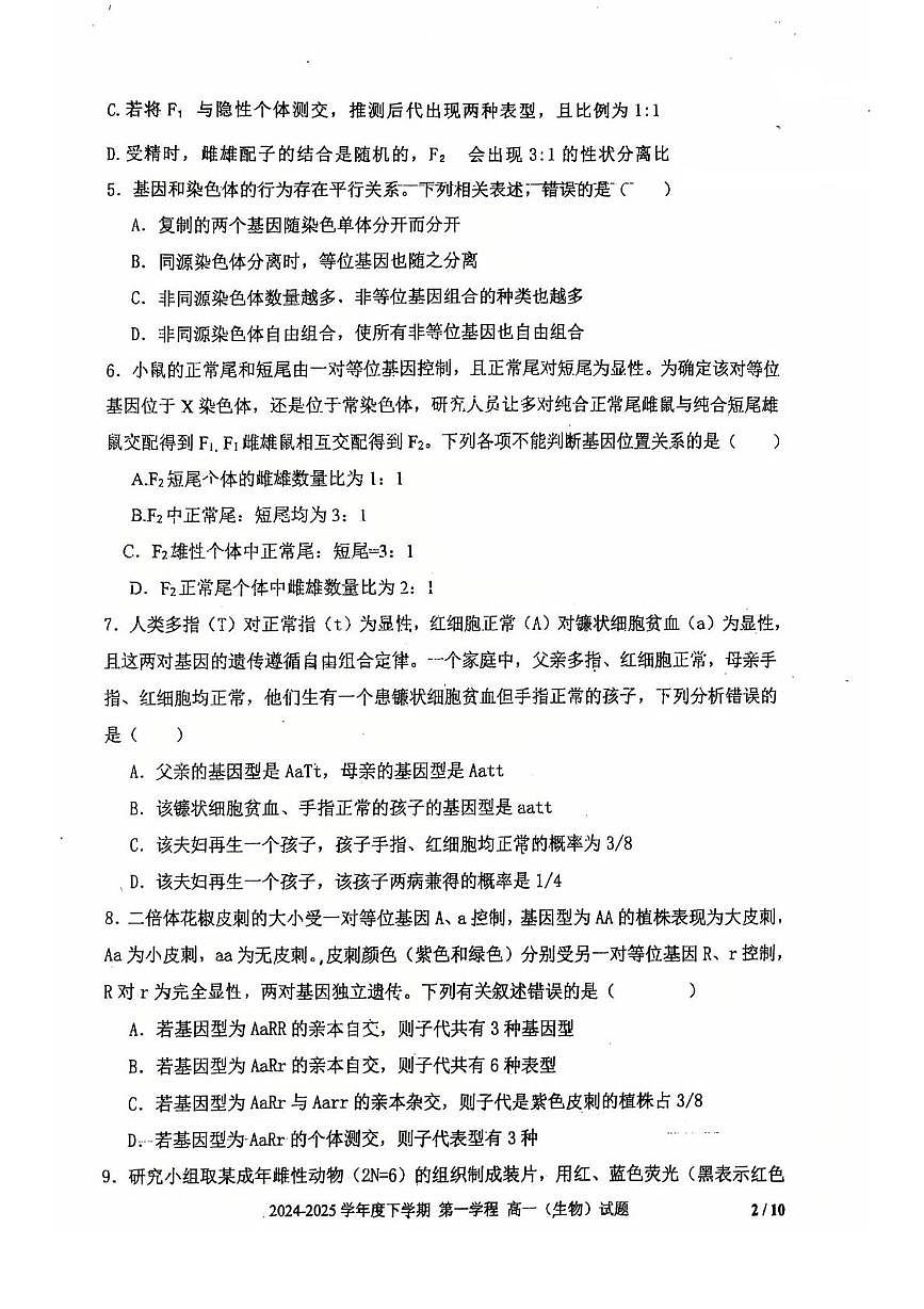 吉林省长春市十一高中2024-2025学年高一下学期4月第一学程考试生物试卷第2页