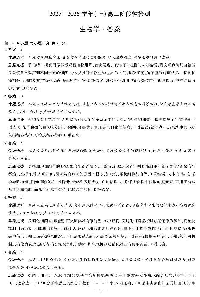 河南省2025—2026学年（上）高三阶段性检测生物详细答案第1页
