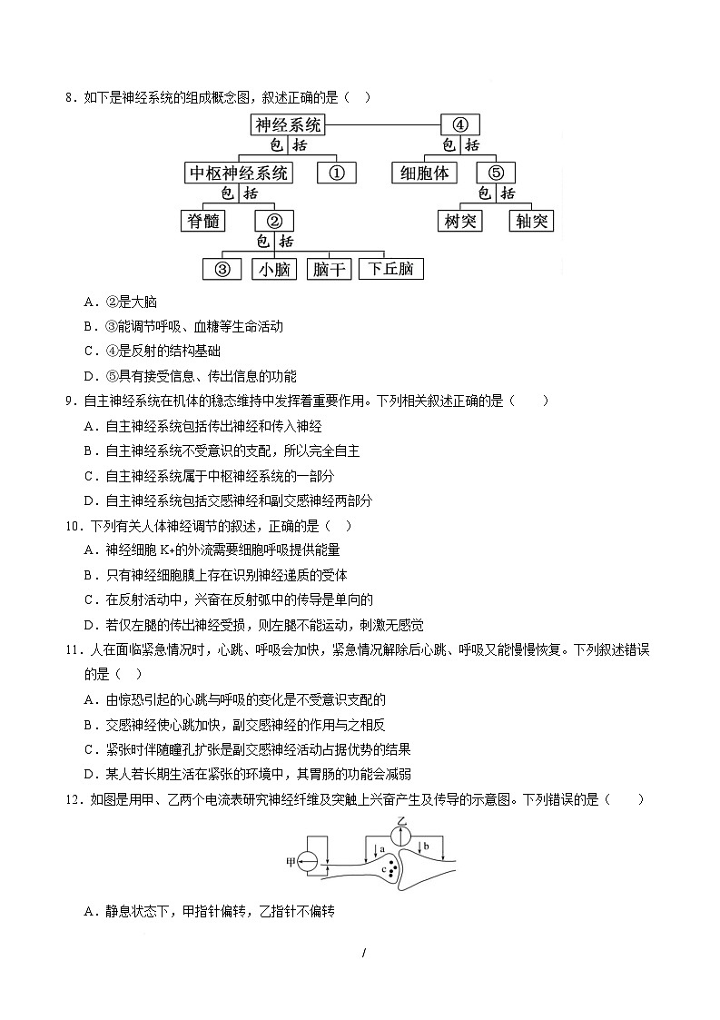 高二生物上学期第一次月考【测试范围：人教版2019选择性必修1第1章~第2章】（安徽专用）（考试版）第3页