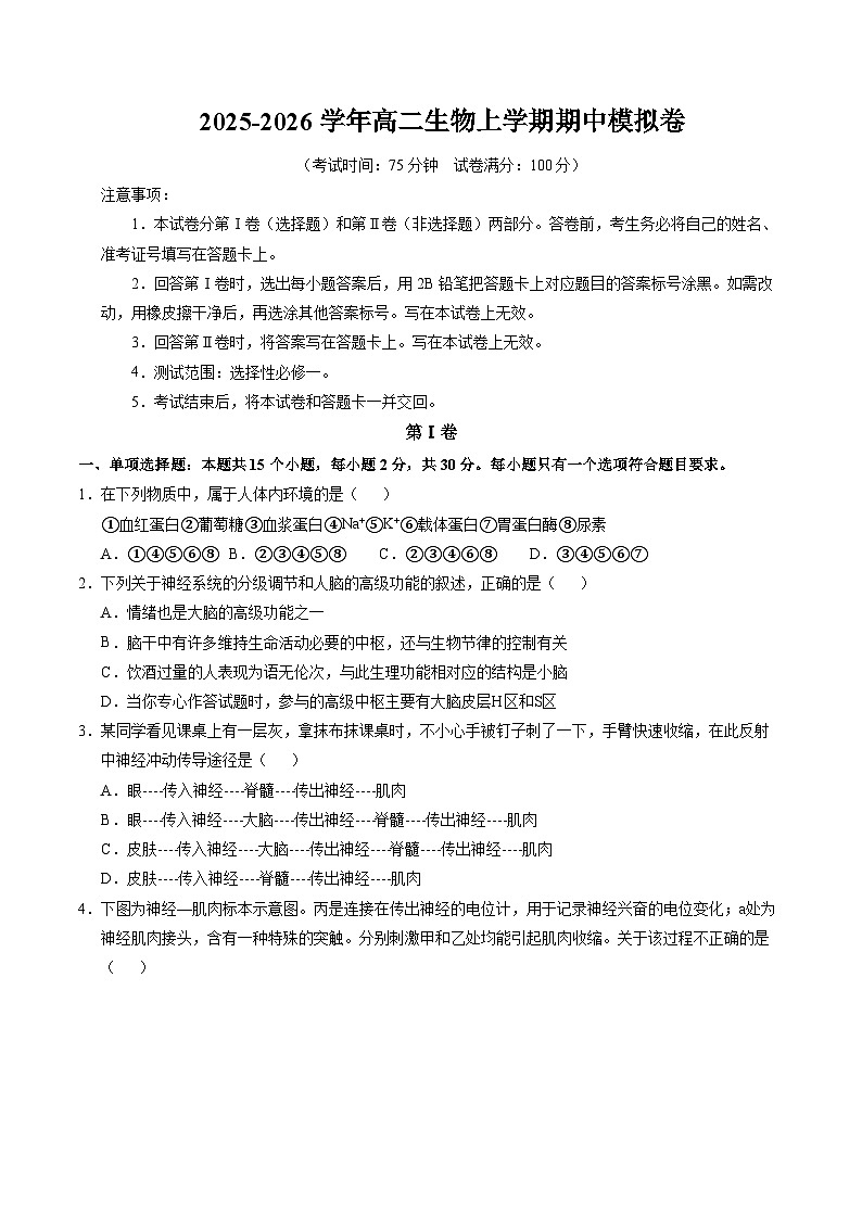 新高考高二生物上学期期中模拟卷【测试范围：选择性必修一】（考试版）（新高考通用版）（15单选+5多选+5非选择）第1页