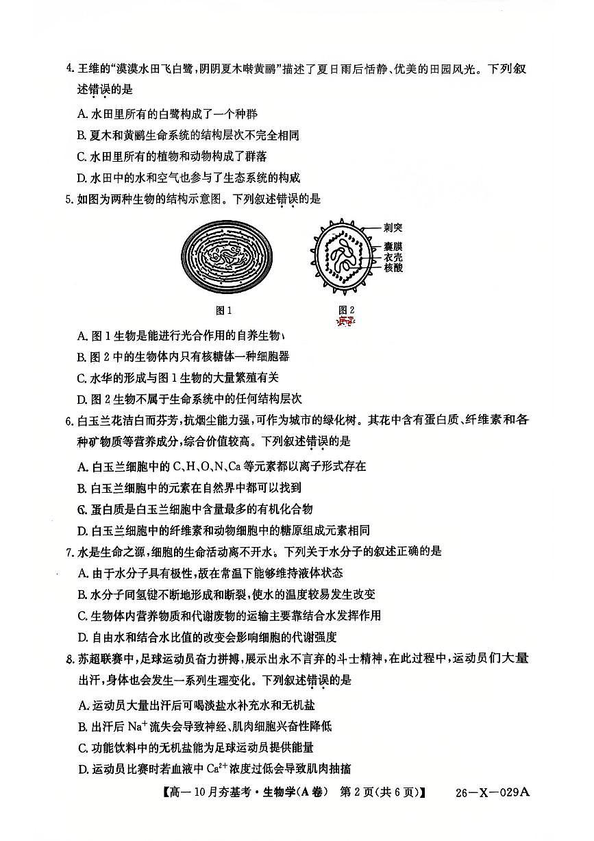 山西省卓越联盟2025-2026学年高一上学期10月考试生物试卷第2页