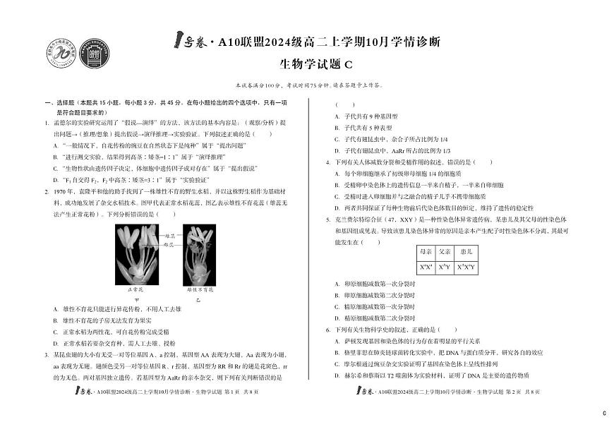 （C卷）1号卷·A10联盟2024级高二上学期10月学情诊断+生物学c第1页