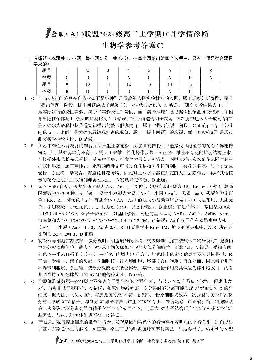 （C卷）1号卷·A10联盟2024级高二上学期10月学情诊断+生物学答案c第1页
