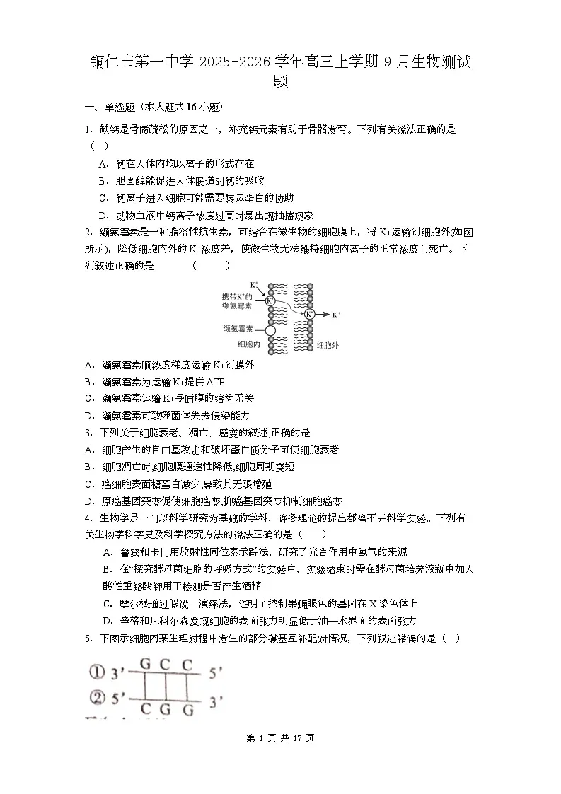贵州省铜仁第一中学2026届高三上学期10月月考+生物试题（含答案）第1页