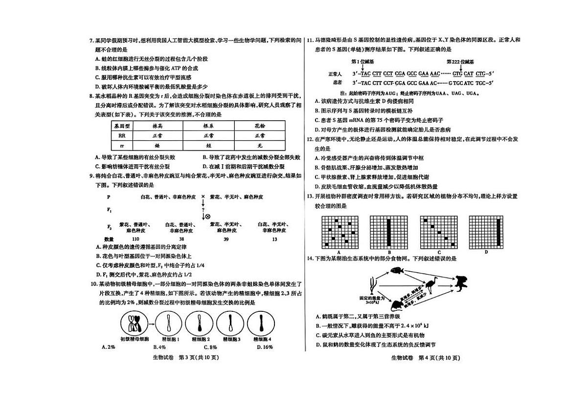 内蒙古包头市2026届高三上学期期中教学质量检测生物试卷（含答案）第2页