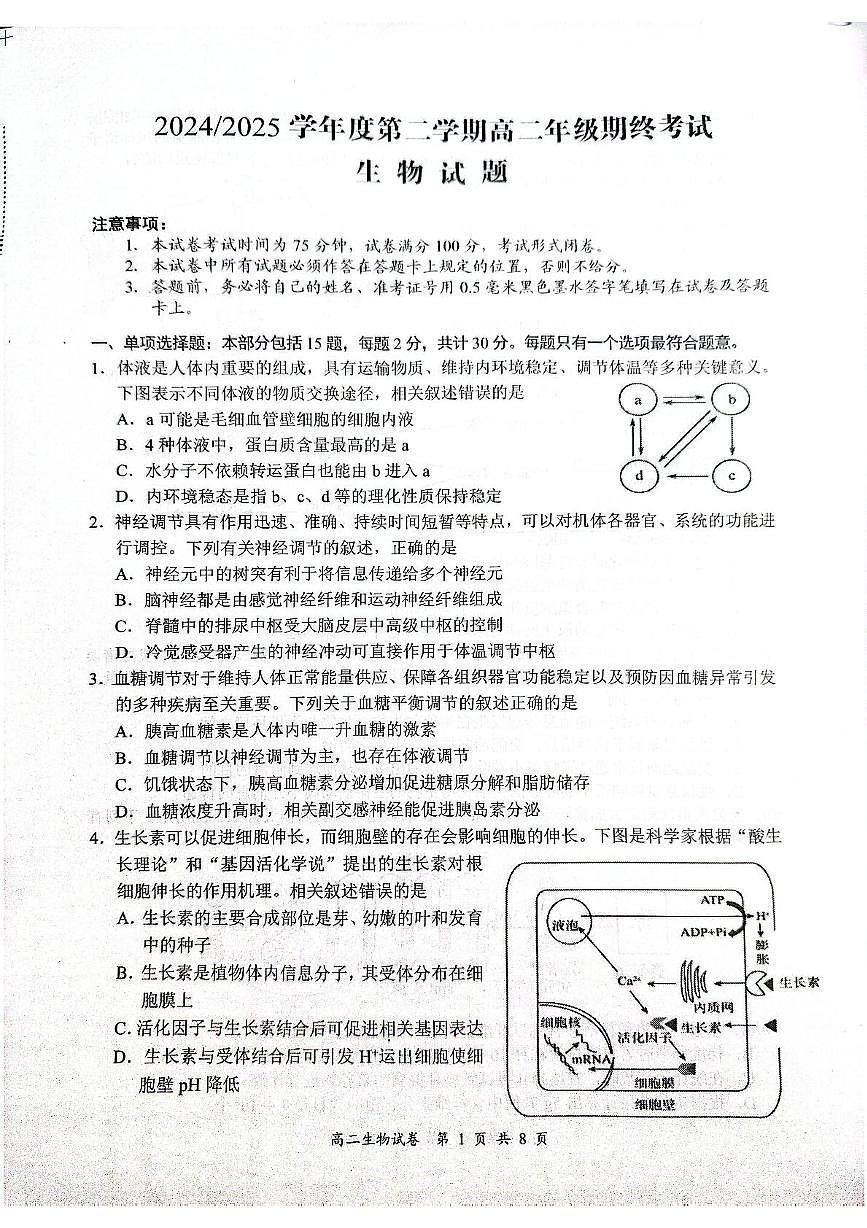 江苏省盐城市东台市2024-2025学年高二下学期期末考试生物试卷第1页