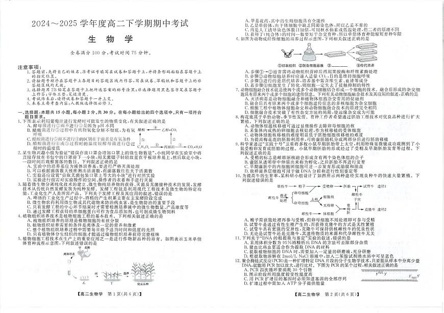 吉林省松原市2024-2025学年高二下学期期中考试生物试卷第1页