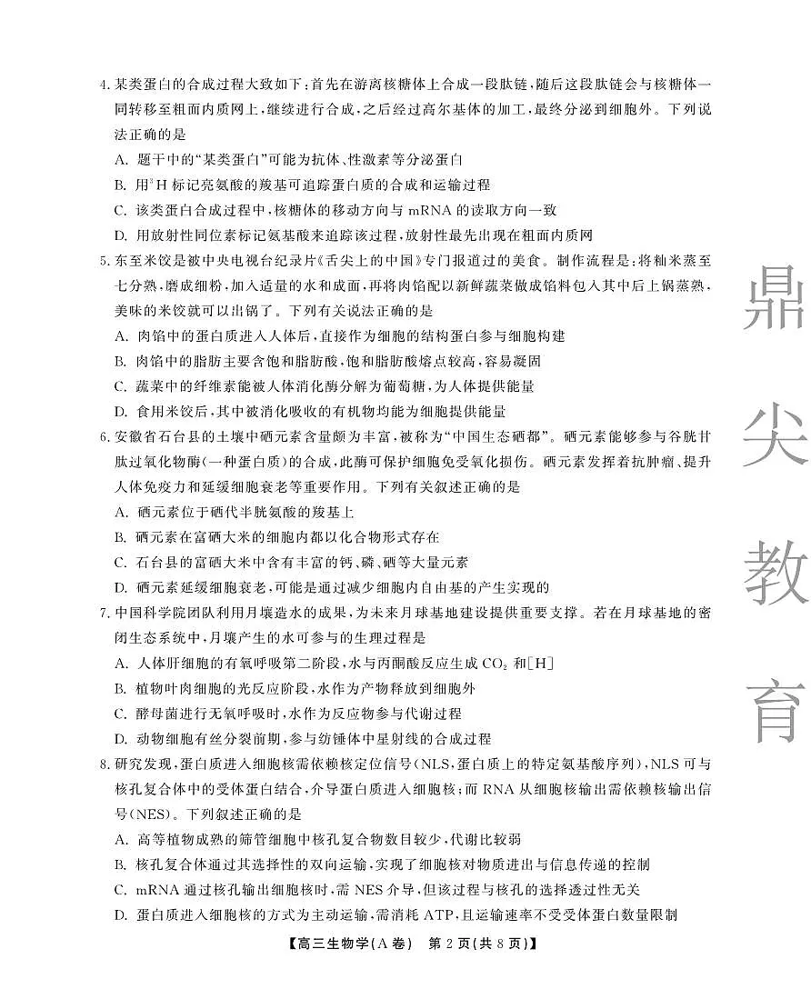 安徽省鼎尖名校大联考2025-2026学年高三上学期10月月考生物(A)第2页