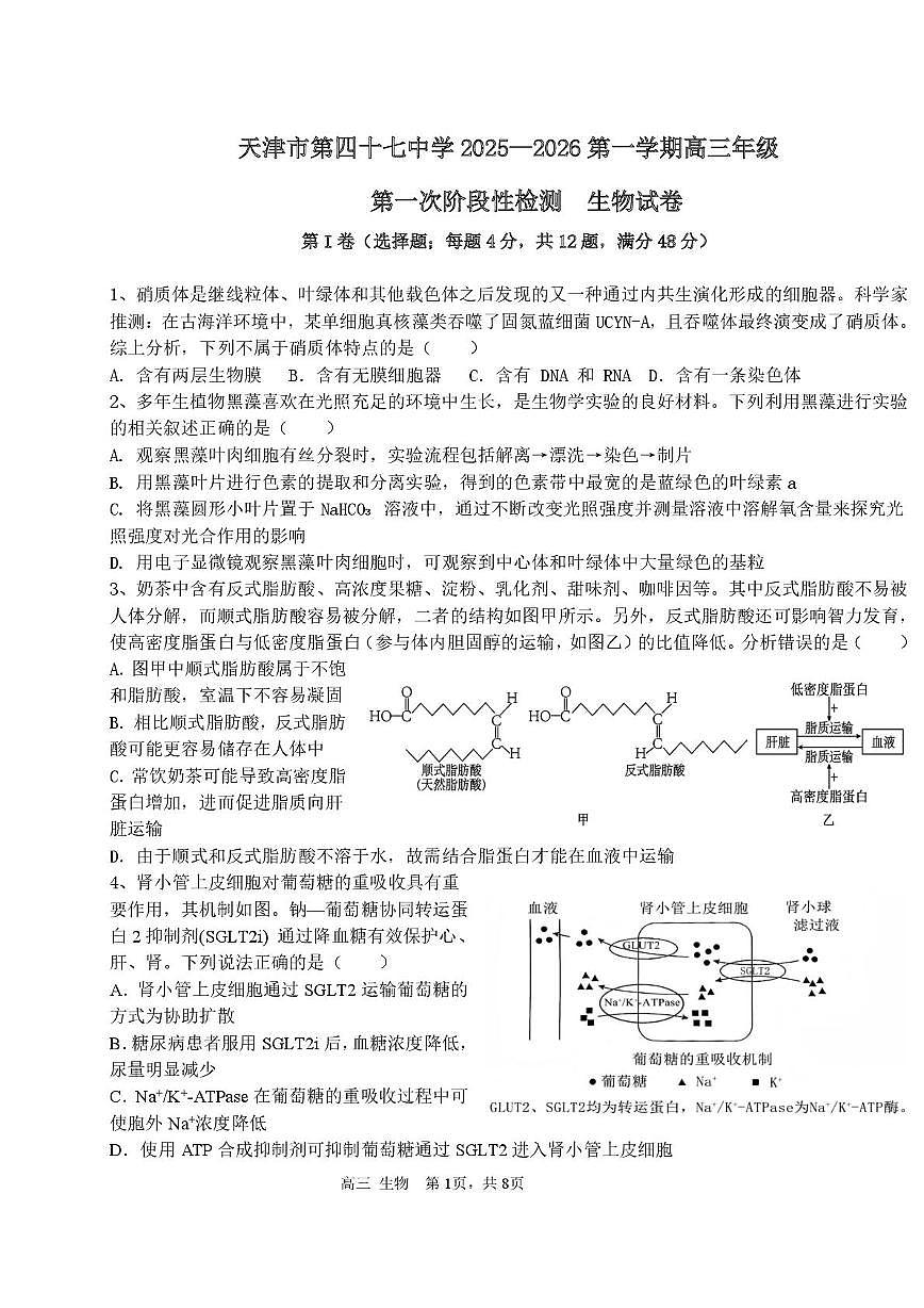 天津市北辰区第四十七中学2025-2026学年高三上学期第一次月考生物试卷第1页