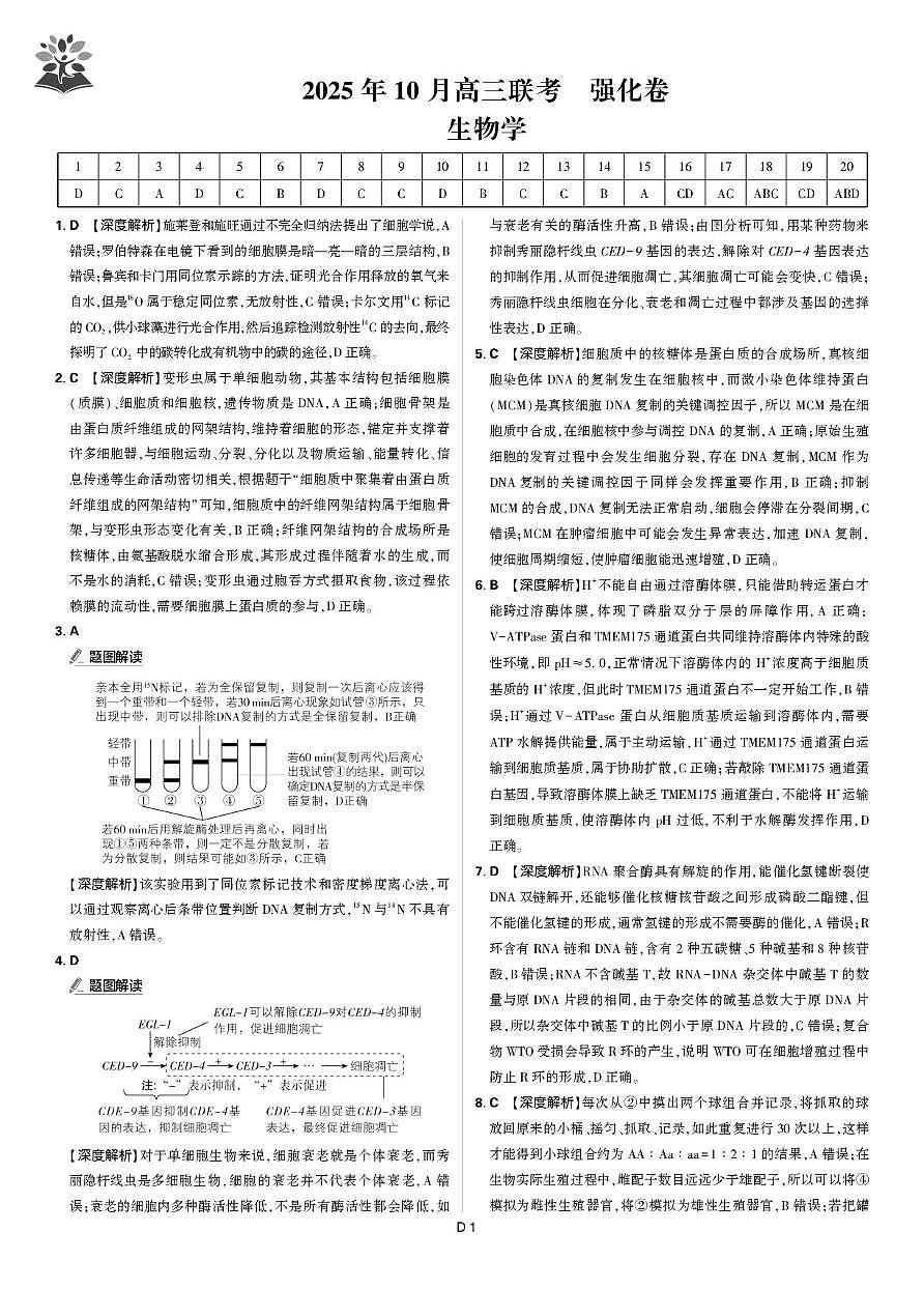 东北精准教学联盟高三10月---生物学 强化卷 解析第1页