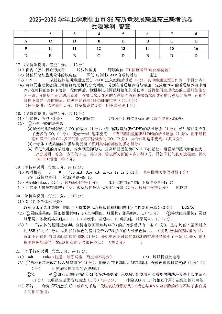 2025-2026学年上学期佛山市S6高质量发展联盟高三联考答案（生物学科）第1页