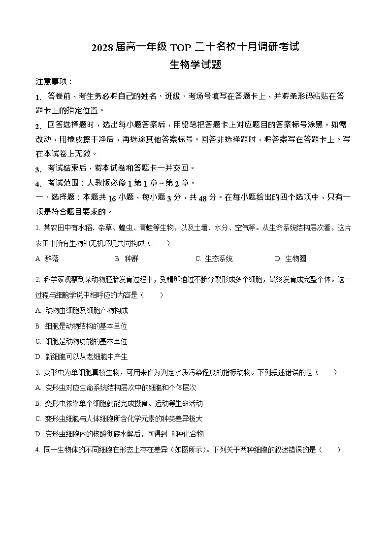 河南省前二十名校联考2025-2026学年高一上学期10月考试生物试卷第1页