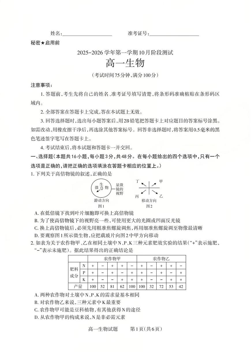 山西省晋中市部分学校2025-2026学年上学期高一年级10月阶段性测试生物试题第1页
