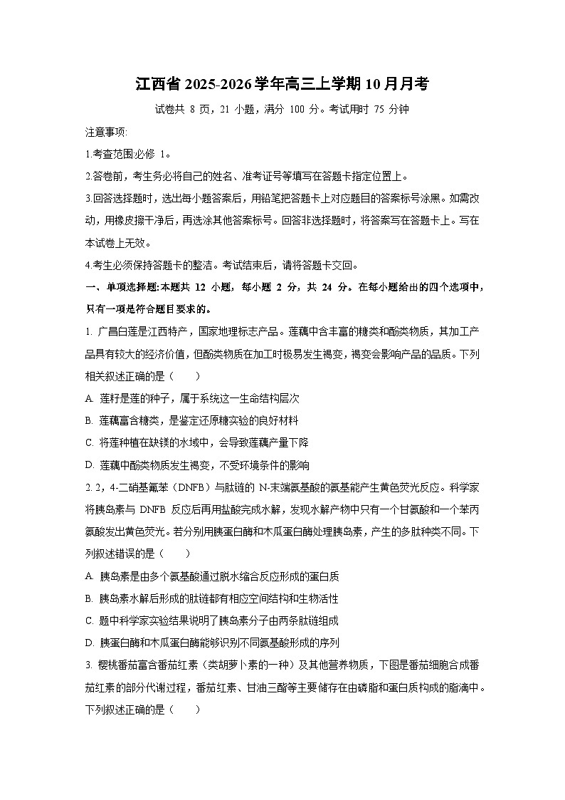 江西省2025-2026学年高三上学期10月月考生物试卷（学生版）第1页