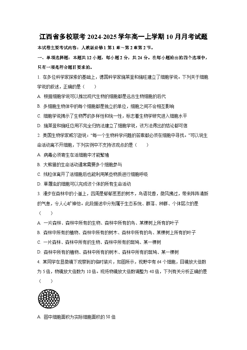 江西省多校联考2024-2025学年高一上学期10月月考生物试卷（学生版）第1页