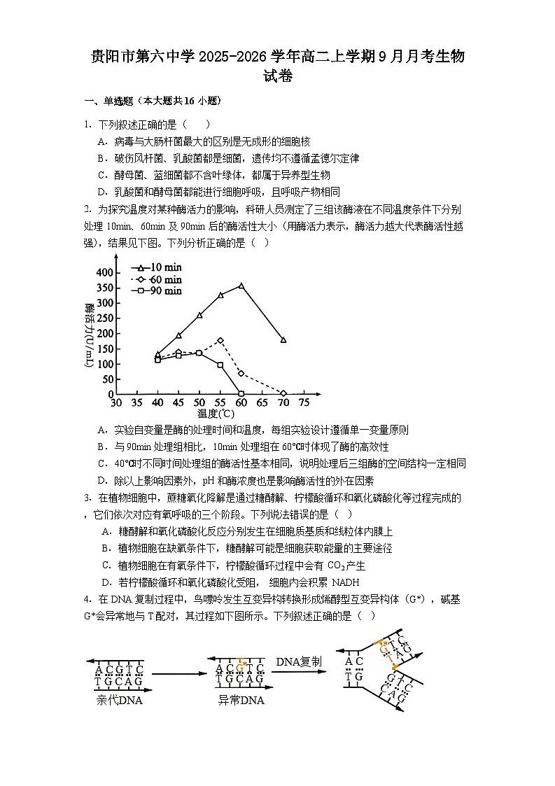 贵阳市第六中学2025-2026学年高二上学期9月月考生物试卷第1页
