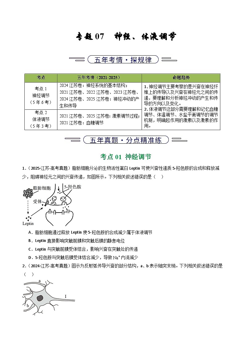 备战2026年高考近五年(2021-2025)高考生物真题分类汇编(江苏专用)专题07神经、体液调节(学生版+解析)第1页
