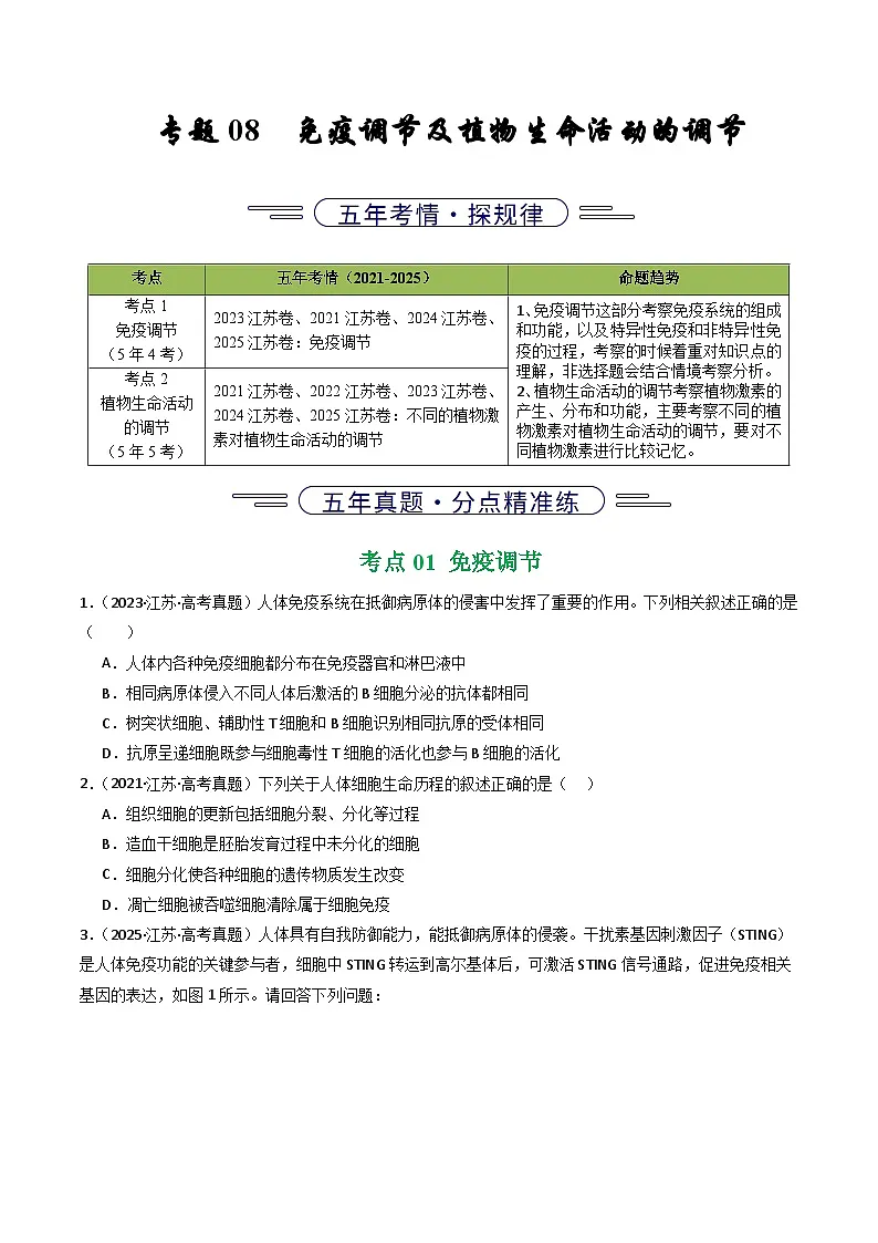 备战2026年高考近五年(2021-2025)高考生物真题分类汇编(江苏专用)专题08免疫调节及植物生命活动的调节(学生版+解析)第1页