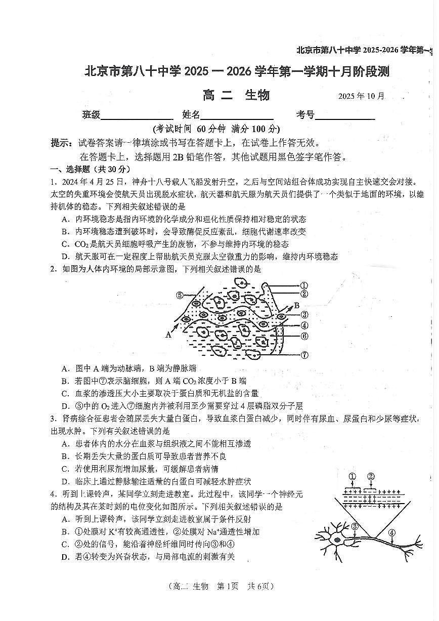 2025北京八十中高二上10月月考生物试卷   有答案第1页