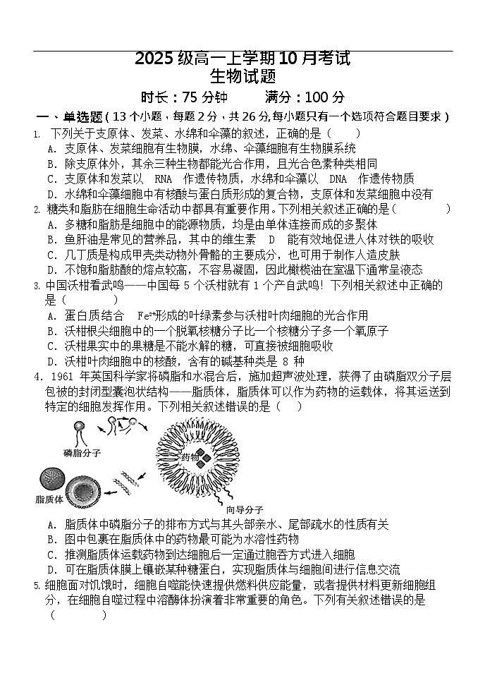 河北省保定市唐县第一中学2025-2026学年高一上学期10月月考生物试卷第1页