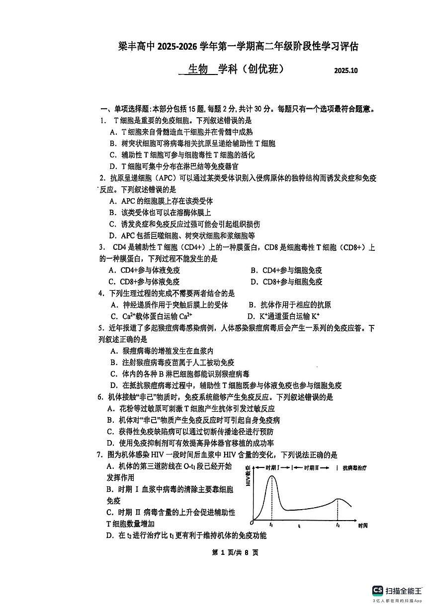 江苏省苏州工业园区江苏省苏州中学园区校2025-2026学年高二上学期10月月考生物试题第1页