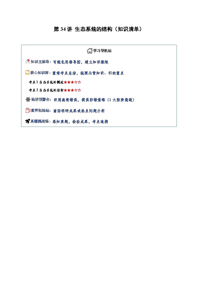 第34讲 生态系统的结构（知识清单）（全国通用）（原卷版）第1页