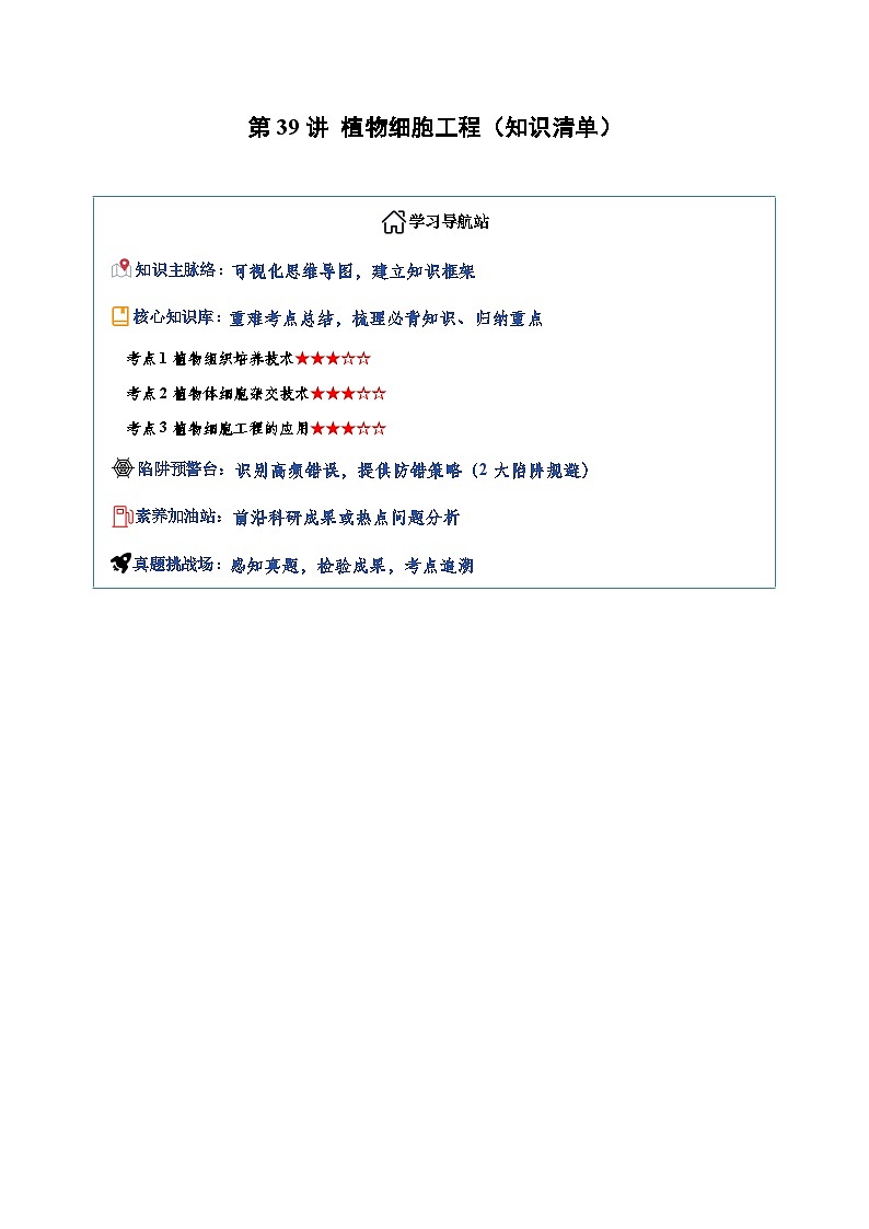 第39讲 植物细胞工程（知识清单）（全国通用）（解析版）第1页